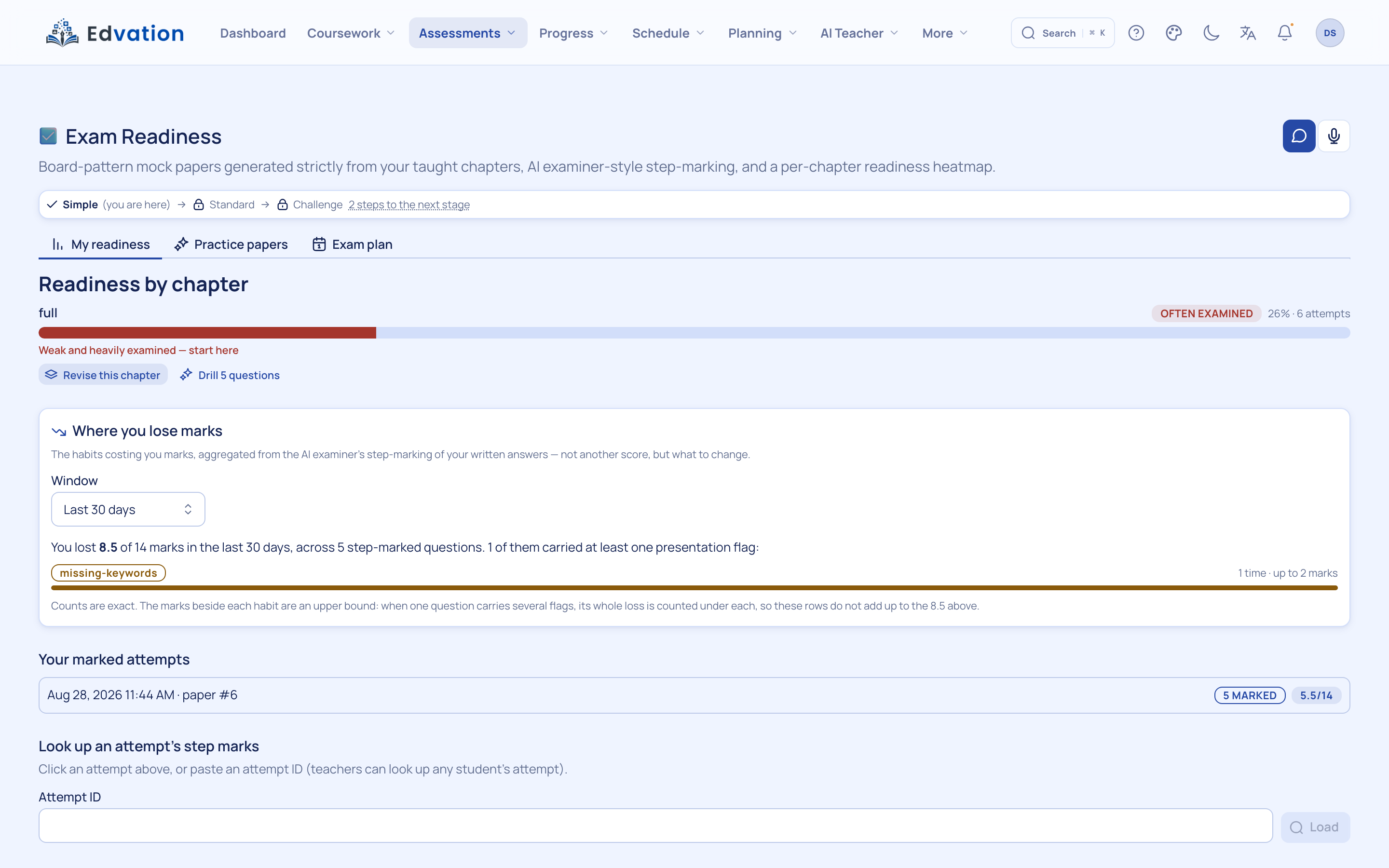 Exam Readiness dashboard with board-pattern mock papers and a chapter readiness view