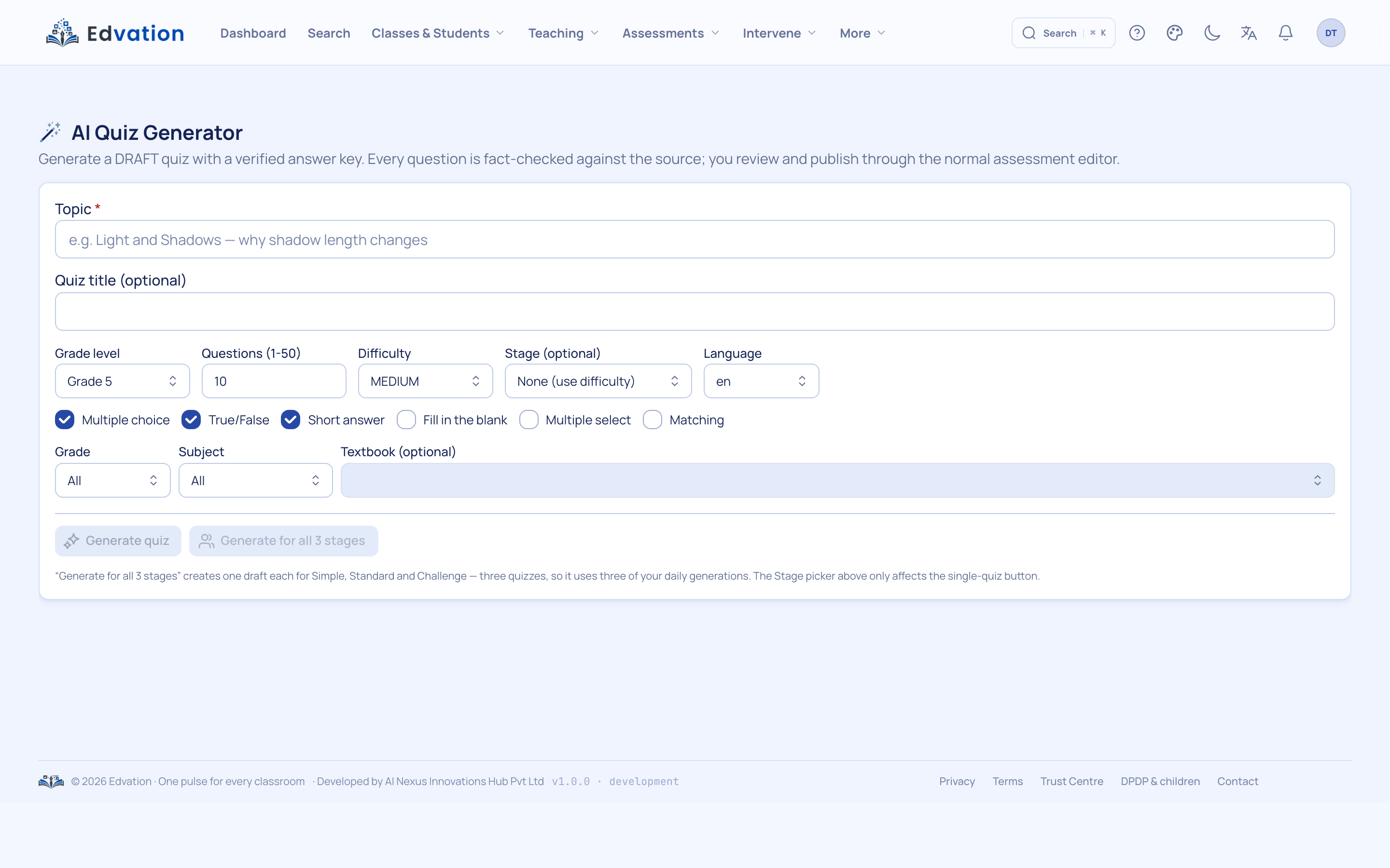 AI Quiz Generator with board- and Bloom-aware question controls