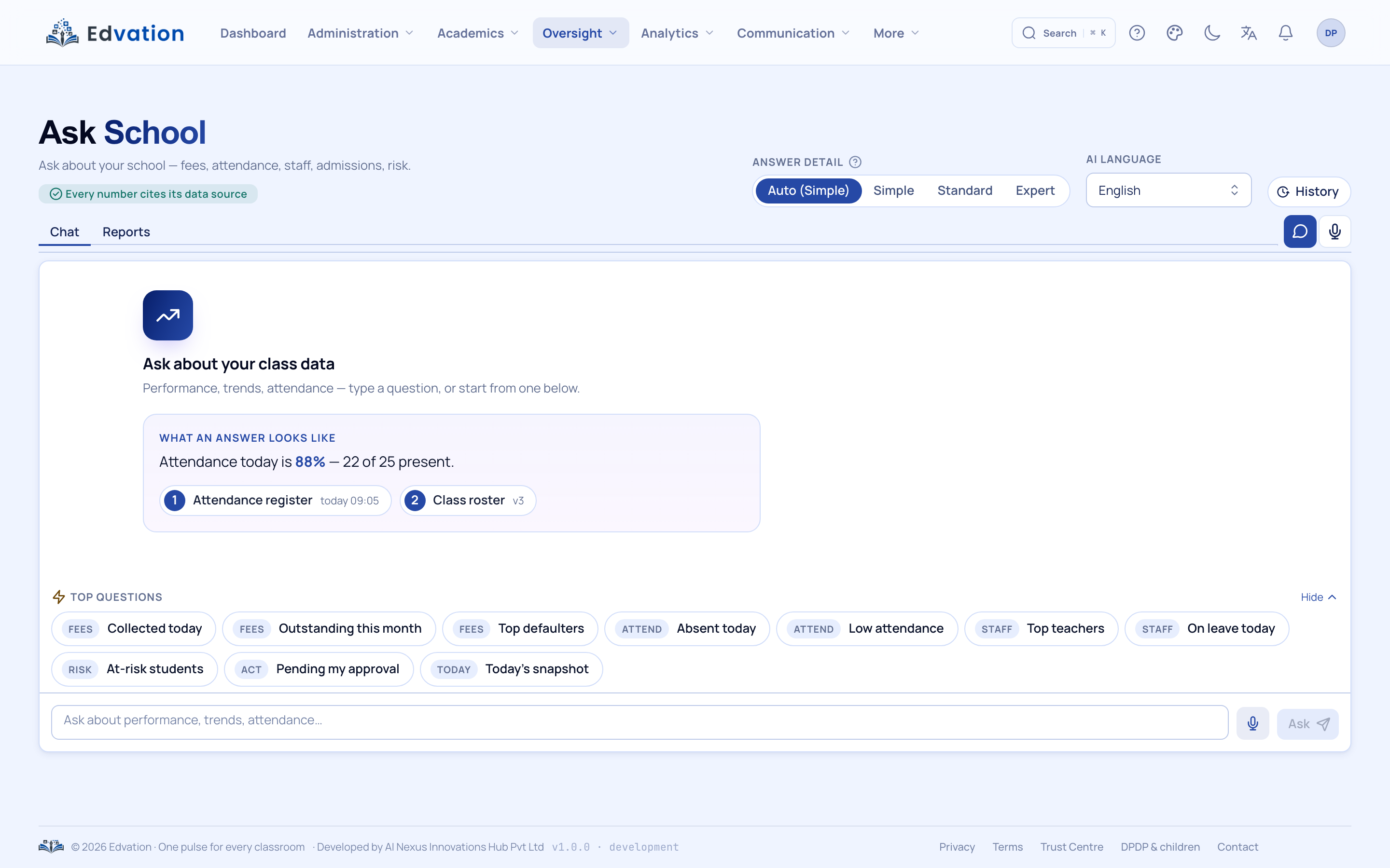 Ask School copilot for principals: top governance questions over live fees, attendance and risk data, with answer modes and AI language
